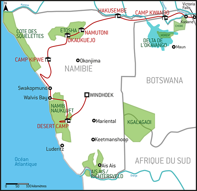 Carte de la Namibie, bande de Caprivi et Victoria Falls
